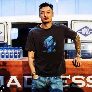 余文乐潮牌纯棉短袖t恤男装2025新款ins复古沙滩黑色半袖定制图案