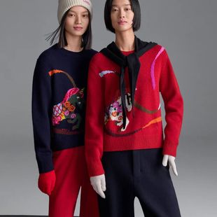圆领生肖红色女针织衫 25年秋冬新品 新岁礼物系列 提花羊绒衫 ERDOS