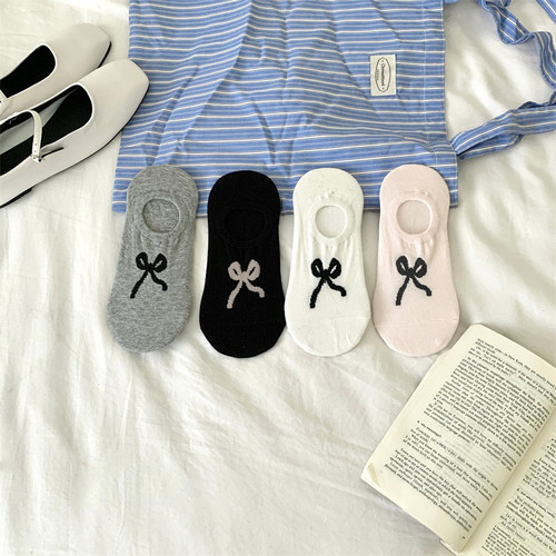 miu系船袜来咯～蝴蝶结好喜欢！低帮浅口黑白灰色芭蕾风袜子女