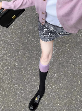 紫色魅力~温柔雅意~25新！双袜口黑紫拼色，堆堆拉直两穿