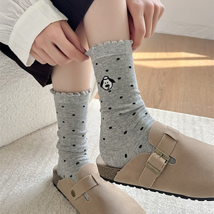 aaa波点小奶狗配勃肯鞋!有点子日系~卷边好俏皮!灰色袜子女中筒袜