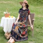 民族风妈妈装 中老年人造棉连衣裙女长款 轻奢高级感花裙子 新款 夏季