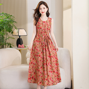 中年妈妈棉绸连衣裙女2026新款夏季高端洋气长裙大码无袖绵绸裙子