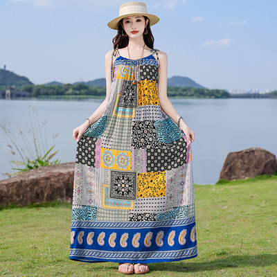夏季新款棉绸连衣裙女长款民族风波西米亚妈妈装胖mm大码外穿裙子