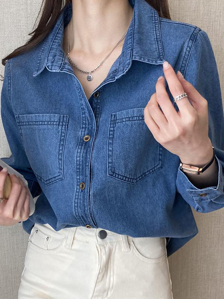 Qadın denim köynək - payız üçün mavi cins üst