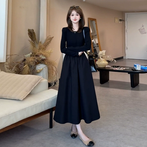 Осеннее трикотажное платье, длинная юбка, французский стиль