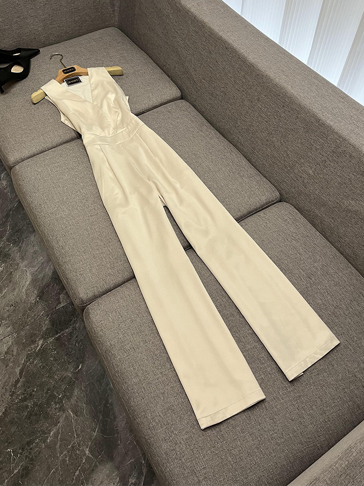 高端白色缎面无袖连衣裤女夏季一件式职业吊带连体阔腿裤22542hb