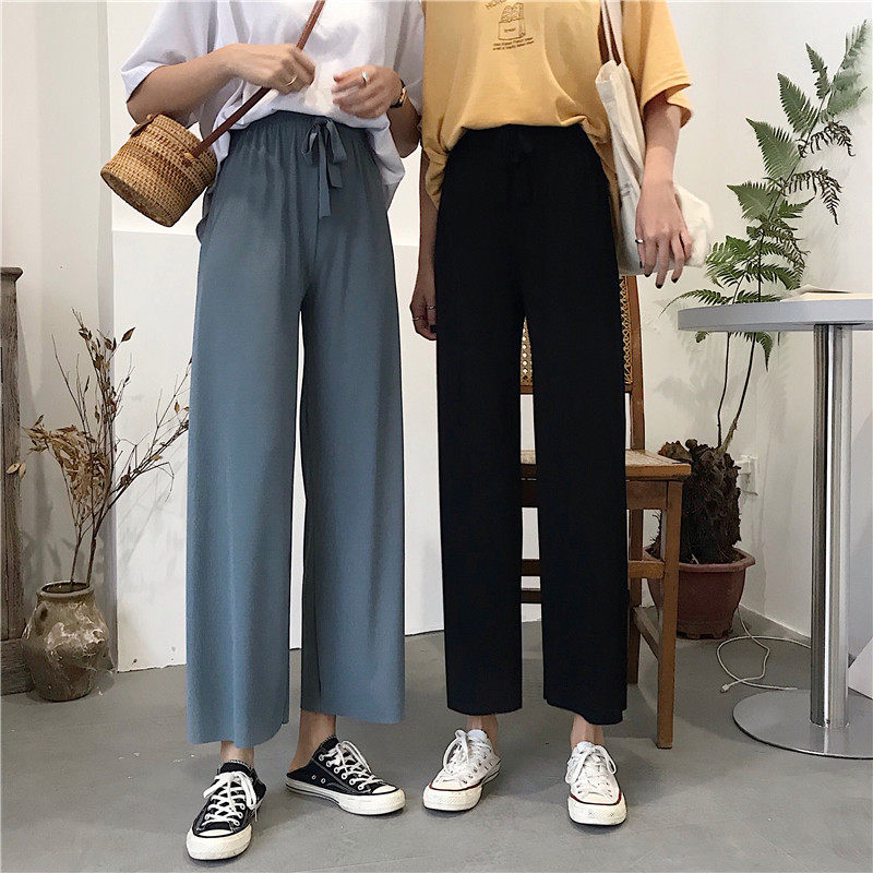 夏韩版宽松百搭高腰坠感阔腿直筒九分休闲裤女学生垂感显瘦裤子潮