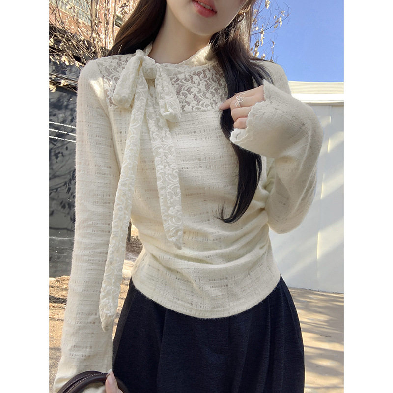 深圳市潮牌美衣服饰有限公司法式蕾丝纱网半高领长袖打底衫女秋冬