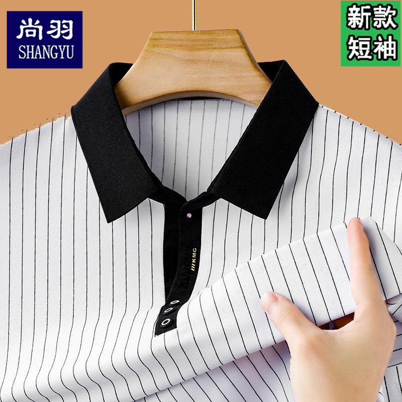 2025夏季纯棉短袖t恤男竖条纹翻领薄POLO衫男士半袖体恤上衣