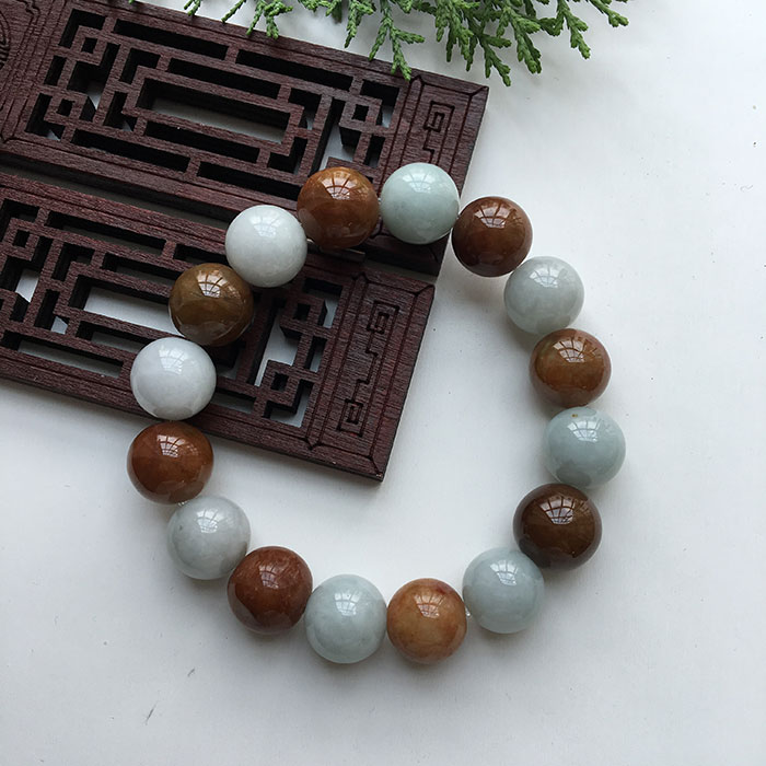 翡翠珠鏈 手串黃加淺豆色卡13男女士款天然緬甸A貨玉石可出證書