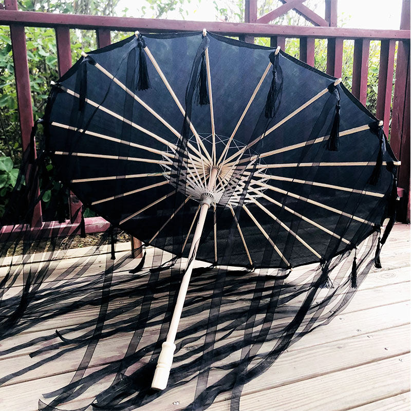 纯黑汉服古风拍照流苏伞古代红伞婚礼演出舞蹈吊顶男生中国风丝带