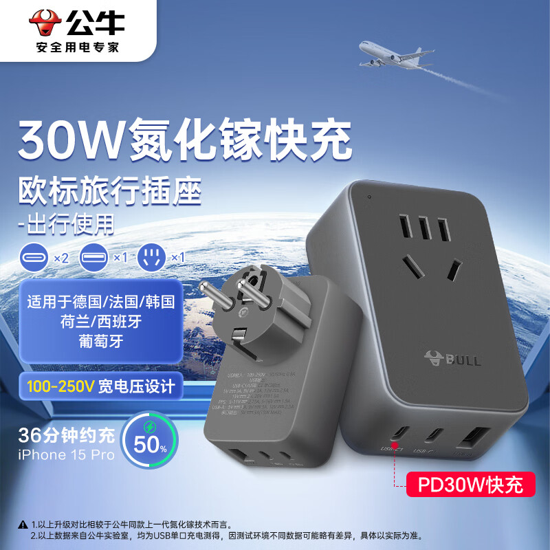 公牛德标转换插头带USB韩国德国法国欧标泰国俄罗斯插座30W快充