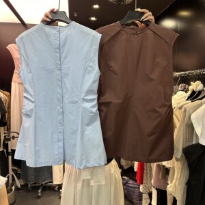 韩国东大门2024夏季新款时尚百搭后系扣圆领无袖衬衫女休闲上衣潮