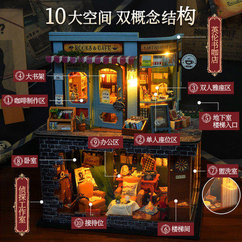 天予迷你书店咖啡馆木质灯光模型