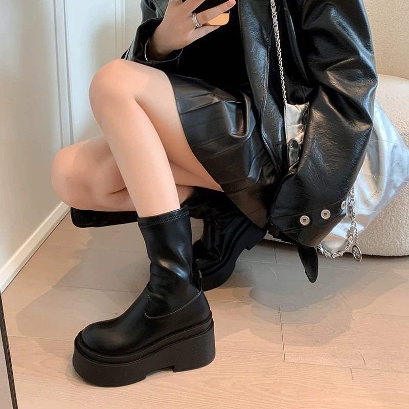 骑士靴女2025秋冬新款烟筒靴骑士靴百搭瘦瘦靴增高厚底小个子短靴,女鞋,弹力靴/袜靴,淘宝优惠券,粉丝福利购,淘宝优惠卷