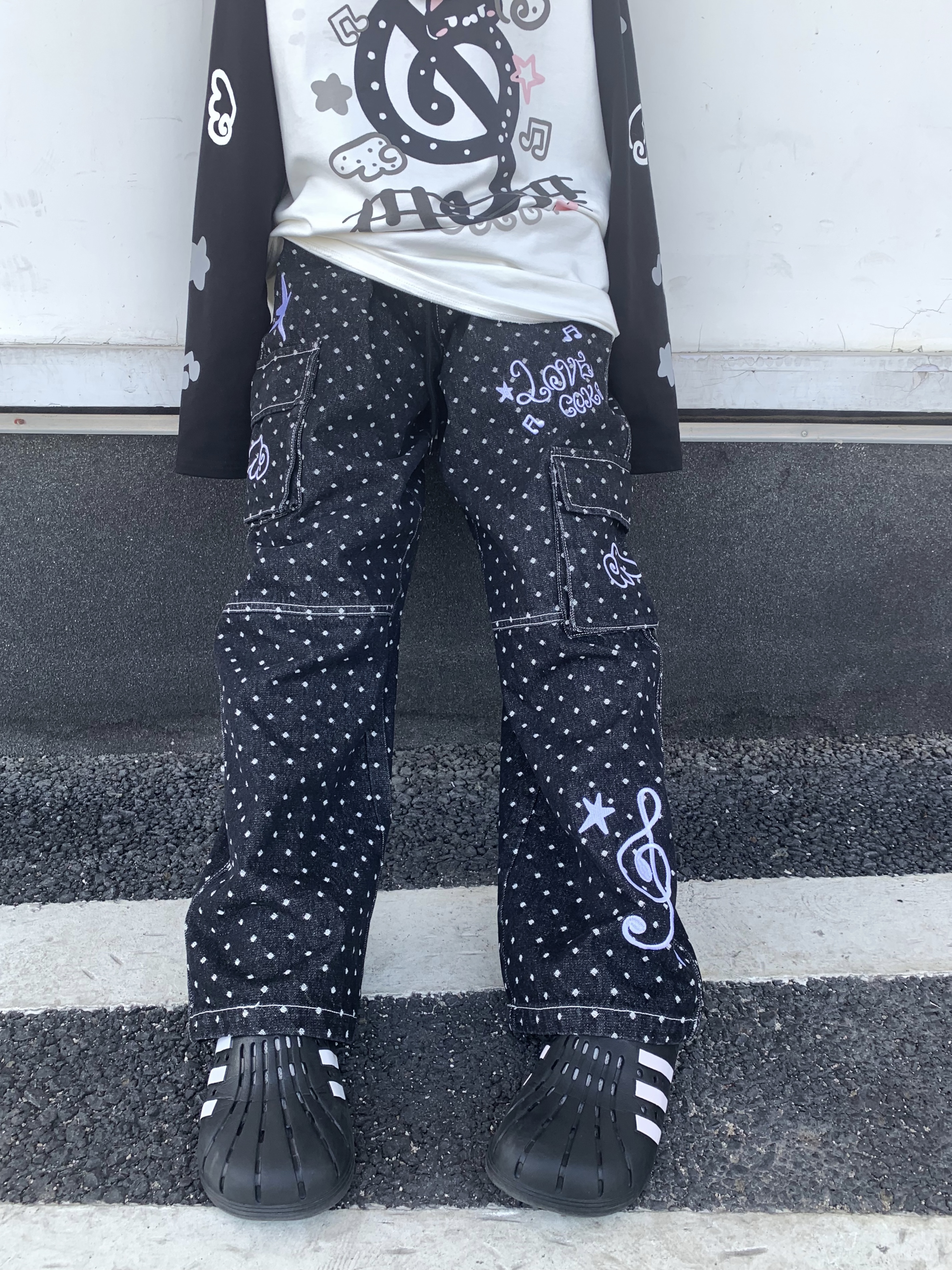 扣扣商店CokoStore 原创可爱波点工装裤牛仔裤宽松直筒阔腿长裤