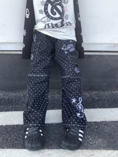 扣扣商店CokoStore 原创可爱波点工装裤牛仔裤宽松直筒阔腿长裤