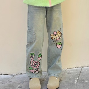 扣扣商店CokoStore原创可爱草莓小猫牛仔裤宽松直筒阔腿裤百搭