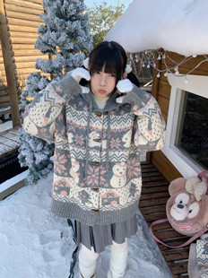 扣扣商店CokoStore原创费尔岛毛衣牛角扣外套雪人图案可爱宽松
