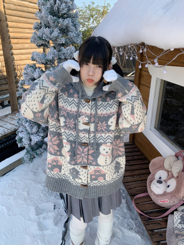 扣扣商店CokoStore原创费尔岛毛衣牛角扣外套雪人图案可爱宽松