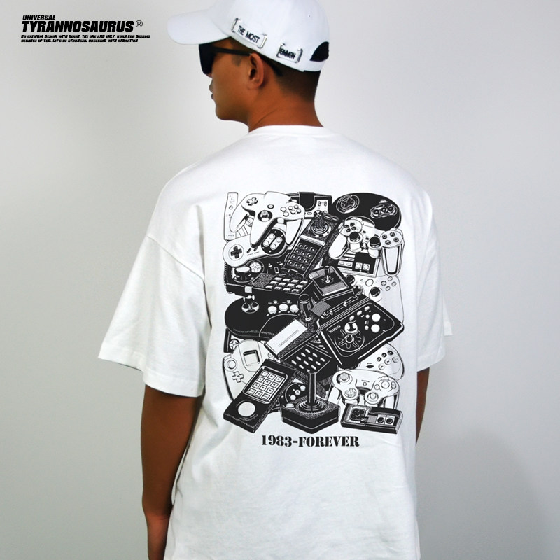 暴龙工作室美潮复古游戏机印花图案玩家男女宽松纯棉短袖T恤夏季