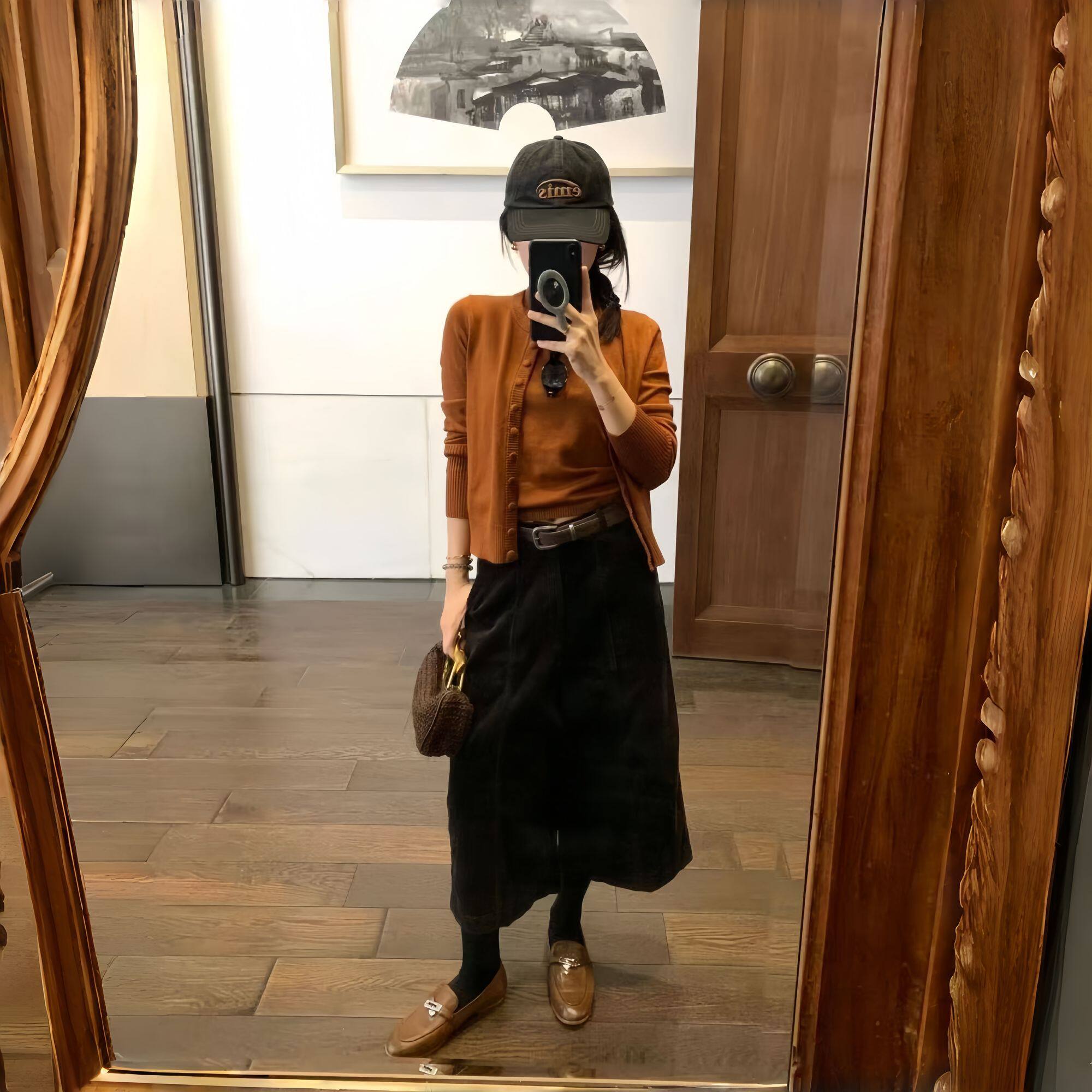胖mm高级显瘦针织开衫灯芯绒阔腿裤套装女焦糖色三件套复古休闲风