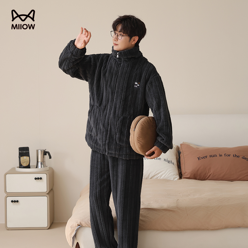 猫人男法兰绒加绒家伙睡衣可外穿