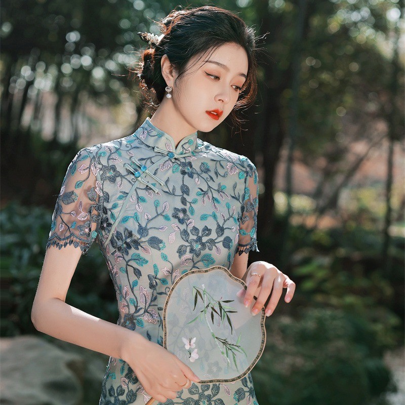 胖东来2025夏季新款网纱刺绣中长款双层旗袍连衣裙清新文艺气质改