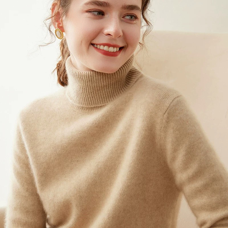 双股加厚堆堆领软糯山羊绒衫女针织打底宽松高领毛衣女