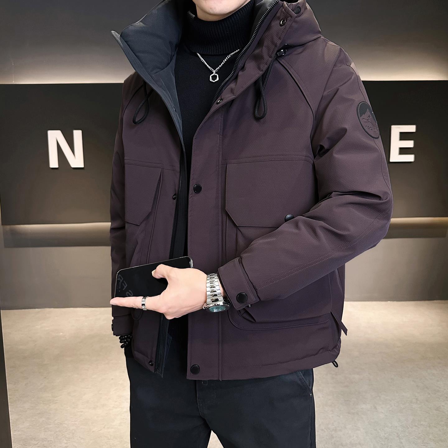 90鹅绒羽绒服男冬季2025新款潮牌高级感情侣连帽工装冲锋衣外套