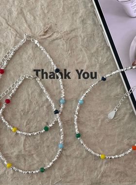 S925纯银爆款彩色豆豆碎银子串珠手链小众设计时尚ins简约款