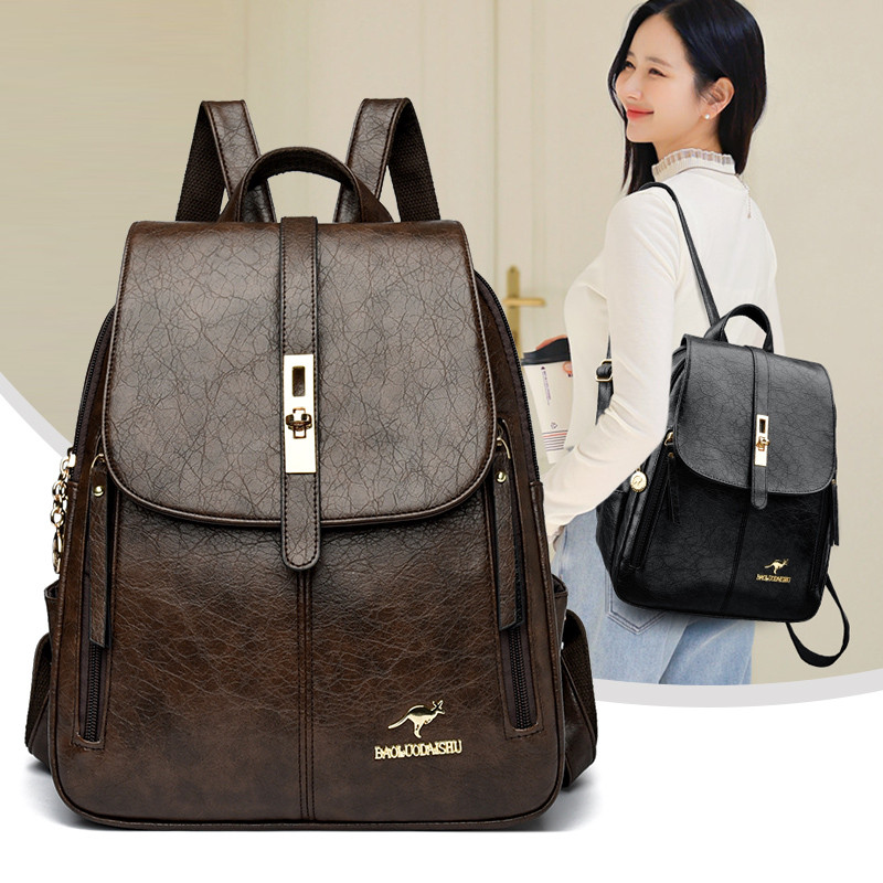 品牌真皮质感轻便大容量女士双肩包2025新款时尚复古休闲旅行背包