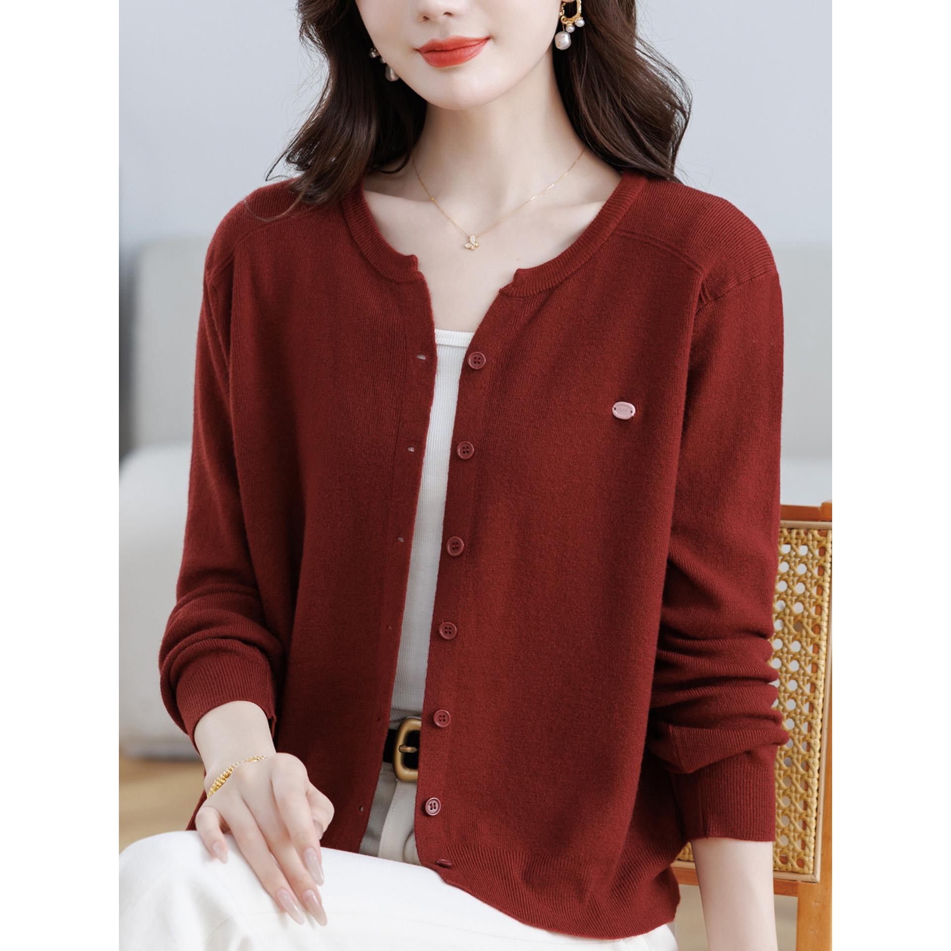 红色圆领针织开衫外套女春秋宽松薄款休闲上衣软糯毛衣外搭披肩薄