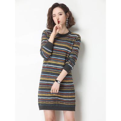 春秋装2025新款条纹圆领套头宽松毛衣女裙配大衣中长款打底针织衫