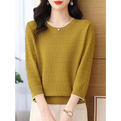 早春冰丝针织中袖t恤薄款女2025年春季新款上衣宽松七分袖打底衫