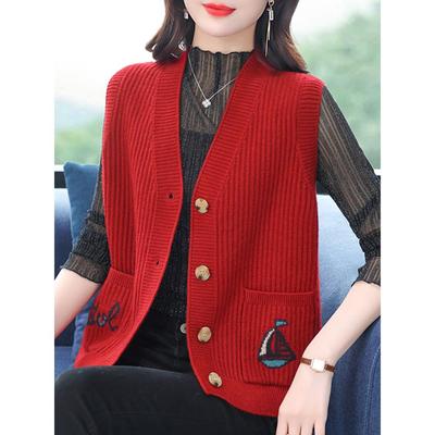 中年妈妈装针织马甲女春秋新款外穿毛衣背心大码宽松坎肩开衫外套
