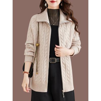 麻花羊毛针织开衫女春秋2025新款秋装翻领毛衣外套宽松外搭