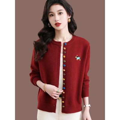 早春圆领毛衣外套女春秋2025新款洋气短款春装外搭羊毛针织开衫