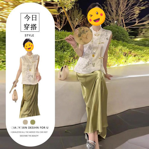 胖东来单件/新中式绿色盘扣上衣国风女装2025新款夏醋酸半裙套装
