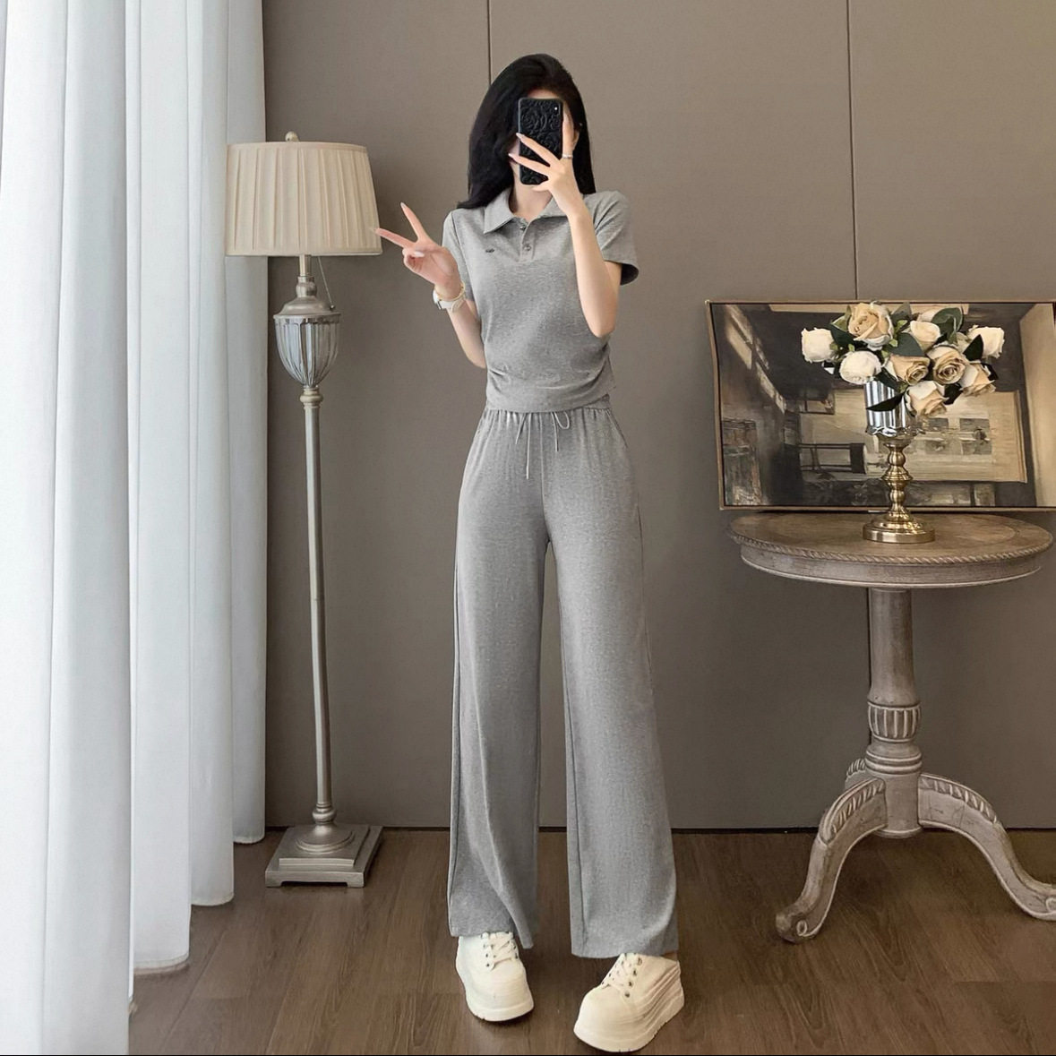 胖东来chic韩风休闲运动套装女2025夏洋气减龄灰色短袖上衣阔腿裤