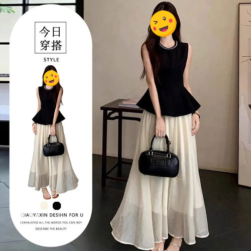 进口单件/2025夏季穿搭微胖mm新中式时尚洋气无袖黑色背心高腰半