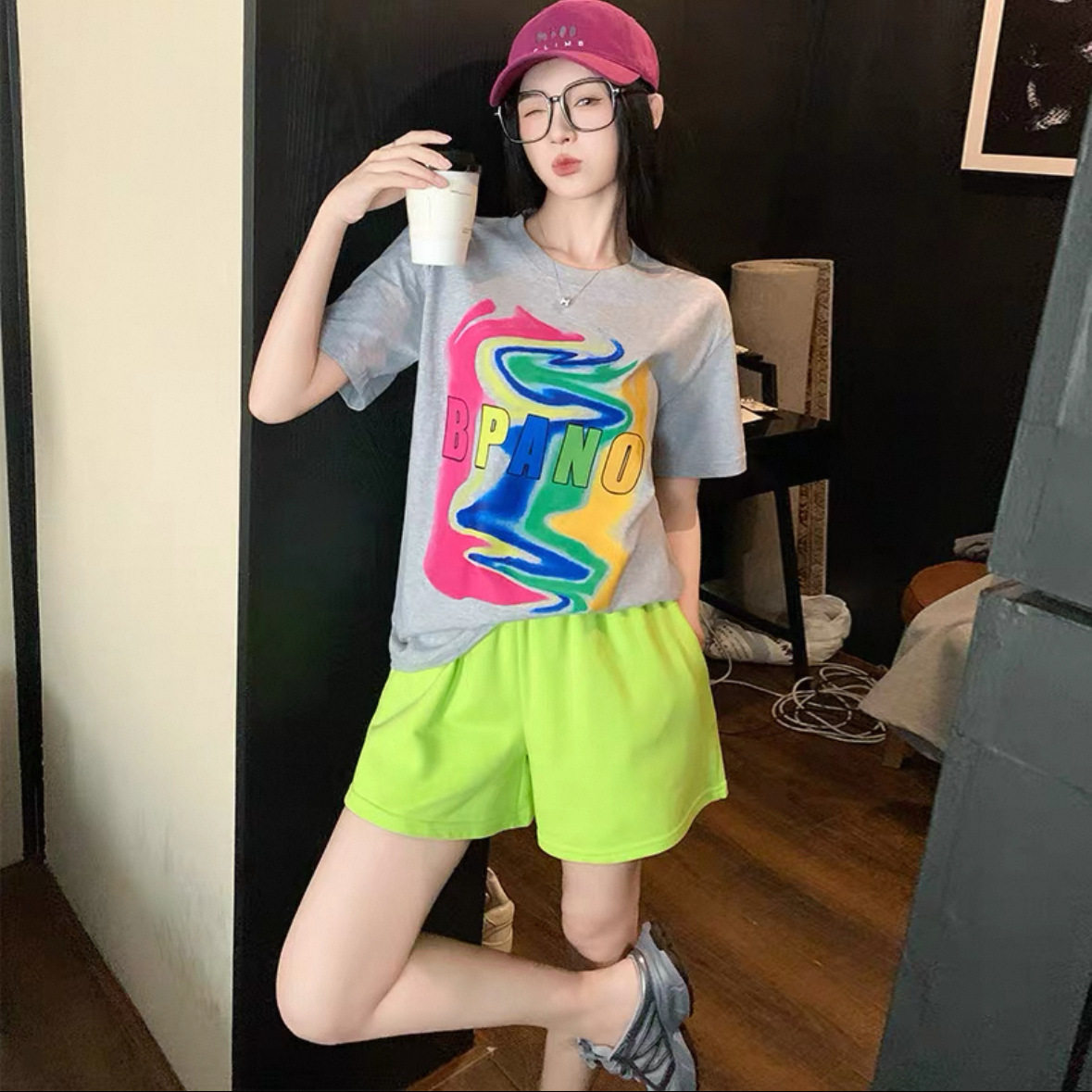 胖东来欧货休闲运动套装女2025新款夏季时尚洋气字母印花短袖短裤
