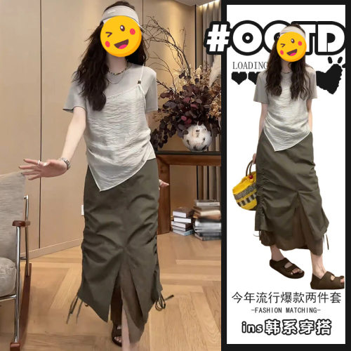 胖东来单件/夏季新款设计抽绳工装裙搭配假两件短袖上衣酷女孩显