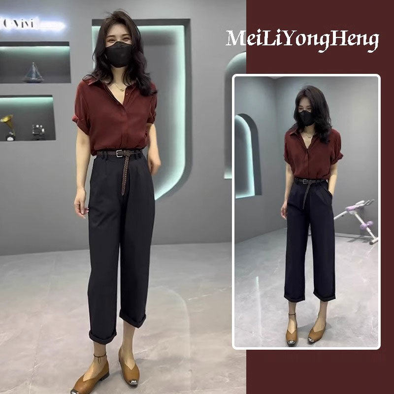 胖东来韩范高级感职业套装女装夏季穿搭红色短袖衬衫搭直筒九分裤