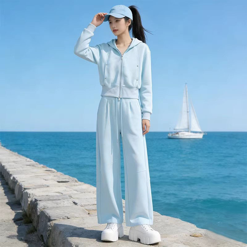 胖东来韩风chic一整套女春季减龄洋气蓝色外套上衣阔腿裤休闲运动