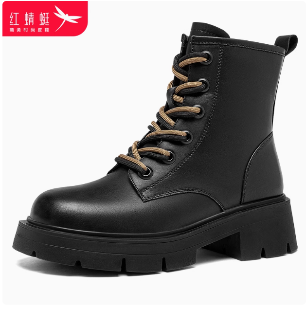 红蜻蜓真皮妈妈鞋冬季加绒女鞋皮鞋短靴防滑保暖女靴棉鞋断码清仓