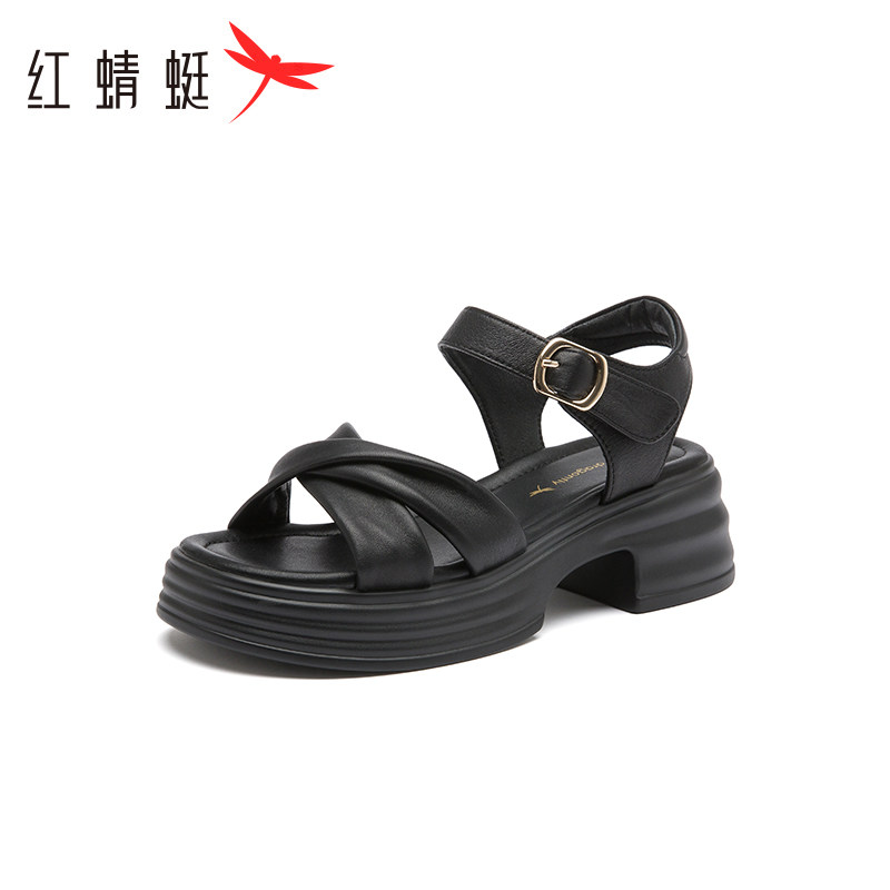 红蜻蜓罗马凉鞋女新款坡跟沙滩鞋外穿通勤不累脚凉拖鞋断码清仓