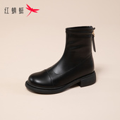 红蜻蜓厚底短靴女冬季 清仓 断码 新款 加绒保暖高跟靴子方跟瘦瘦靴