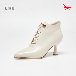 清仓 靴真皮高跟短靴粗跟尖头靴断码 红蜻蜓女鞋 马丁靴单靴气质时装